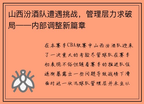 山西汾酒队遭遇挑战，管理层力求破局——内部调整新篇章