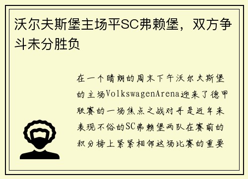 沃尔夫斯堡主场平SC弗赖堡，双方争斗未分胜负