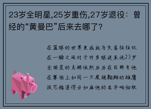 23岁全明星,25岁重伤,27岁退役：曾经的“黄曼巴”后来去哪了？