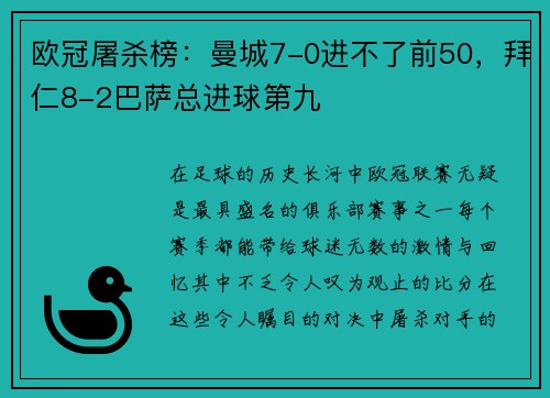 欧冠屠杀榜：曼城7-0进不了前50，拜仁8-2巴萨总进球第九