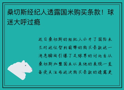 桑切斯经纪人透露国米购买条款！球迷大呼过瘾